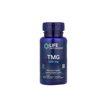 Life Extension TMG Trimethylglycine 500 mg offers 60 liquid vegetarian capsules to support liver health.